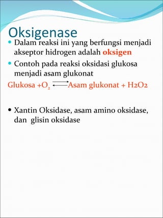 Oksigenase Dalam reaksi ini yang berfungsi menjadi akseptor hidrogen adalah  oksigen Contoh pada reaksi oksidasi glukosa menjadi asam glukonat Glukosa +O 2  Asam glukonat + H2O2 Xantin Oksidase, asam amino oksidase, dan  glisin oksidase 