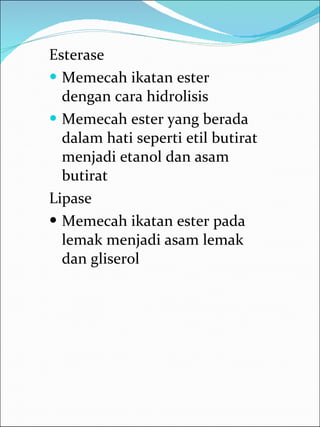 Esterase Memecah ikatan ester dengan cara hidrolisis Memecah ester yang berada dalam hati seperti etil butirat menjadi etanol dan asam butirat Lipase Memecah ikatan ester pada lemak menjadi asam lemak dan gliserol 