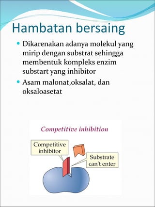 Hambatan bersaing Dikarenakan adanya molekul yang mirip dengan substrat sehingga membentuk kompleks enzim substart yang inhibitor Asam malonat,oksalat, dan oksaloasetat  