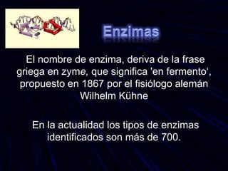 El nombre de enzima, deriva de la frase
griega en zyme, que significa 'en fermento‘,
propuesto en 1867 por el fisiólogo alemán
Wilhelm Kühne
En la actualidad los tipos de enzimas
identificados son más de 700.
 