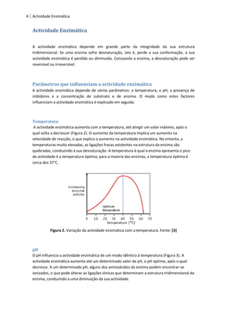 4 Actividade Enzimática


   Actividade Enzimática

   A actividade enzimática depende em grande parte da integridade da sua estrutura
   tridimensional. Se uma enzima sofre desnaturação, isto é, perde a sua conformação, a sua
   actividade enzimática é perdida ou diminuída. Consoante a enzima, a desnaturação pode ser
   reversível ou irreversível.



   Parâmetros que influenciam a actividade enzimática
   A actividade enzimática depende de vários parâmetros: a temperatura, o pH, a presença de
   inibidores e a concentração de substrato e de enzima. O modo como estes factores
   influenciam a actividade enzimática é explicado em seguida.



   Temperatura
    A actividade enzimática aumenta com a temperatura, até atingir um valor máximo, após o
   qual volta a decrescer (Figura 2). O aumento da temperatura implica um aumento na
   velocidade de reacção, o que explica o aumento na actividade enzimática. No entanto, a
   temperaturas muito elevadas, as ligações fracas existentes na estrutura da enzima são
   quebradas, conduzindo à sua desnaturação. A temperatura à qual a enzima apresenta o pico
   de actividade é a temperatura óptima; para a maioria das enzimas, a temperatura óptima é
   cerca dos 37°C.




             Figura 2. Variação da actividade enzimática com a temperatura. Fonte: [3]



   pH
   O pH influencia a actividade enzimática de um modo idêntico à temperatura (Figura 3). A
   actividade enzimática aumenta até um determinado valor de pH, o pH óptimo, após o qual
   decresce. A um determinado pH, alguns dos aminoácidos da enzima podem encontrar-se
   ionizados, o que pode alterar as ligações iónicas que determinam a estrutura tridimensional da
   enzima, conduzindo a uma diminuição da sua actividade.
 