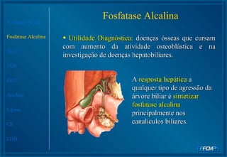 Fosfatase Alcalina Fosfatase Ácida Fosfatase Alcalina TGO TGP GGT Amilase Lipase CK LDH Utilidade Diagnóstica:  doenças ósseas que cursam com aumento da atividade osteoblástica e na investigação de doenças hepatobiliares.  A  resposta hepática  a qualquer tipo de agressão da árvore biliar é  sintetizar fosfatase alcalina  principalmente nos canalículos biliares.   