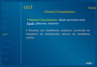 GGT  Gama Glutamil Transpeptidase Presente nas membranas celulares, envolvida no transporte de aminoácidos através da membrana celular.  Fosfatase Ácida Fosfatase Alcalina TGO TGP GGT Amilase Lipase CK LDH Maiores Concentrações:  túbulo proximal renal,  fígado , pâncreas, intestino.  