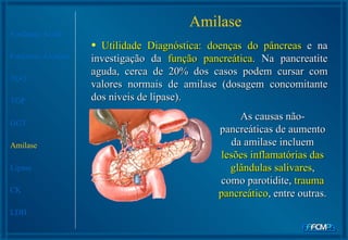 Amilase Fosfatase Ácida Fosfatase Alcalina TGO TGP GGT Amilase Lipase CK LDH Utilidade Diagnóstica: doenças do pâncreas  e na investigação da  função pancreática . Na pancreatite aguda, cerca de 20% dos casos podem cursar com valores normais de amilase (dosagem concomitante dos níveis de lípase).   As causas não-pancreáticas de aumento da amilase incluem  lesões inflamatórias das glândulas salivares , como parotidite,  trauma pancreático , entre outras. 