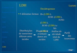 5 diferentes formas: Fosfatase Ácida Fosfatase Alcalina TGO TGP GGT Amilase Lipase CK LDH Distribuições de isoenzimas diferem entre tecidos  H 4  ( LDH 1 ),  H 3 M 1  ( LDH 2 ),  H 2 M 2  ( LDH 3 ),  H 1 M 3  ( LDH 4 ) e  M 4  ( LDH 5 ).   Diagnosticar eventuais danos aos tecidos Análise da atividade total da LDH  Perfil  das isoenzimas LDH  Lactato Desidrogenase 