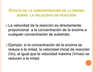 EFECTO DE LA CONCENTRACIÓN DE LA ENZIMA
       SOBRE LA VELOCIDAD DE REACCIÓN


 Lavelocidad de la reacción es directamente
 proporcional a la concentración de la enzima a
 cualquier concentración de substrato.

 Ejemplo:  si la concentración de la enzima se
 reduce a la mitad, la velocidad inicial de reacción
 (Vo), al igual que la velocidad máxima (Vmax) se
 reducen a la mitad.
 