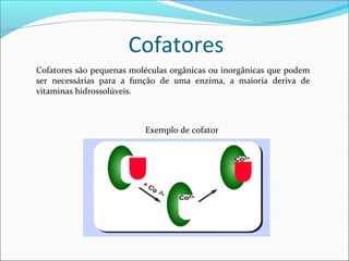 Cofatores
Cofatores são pequenas moléculas orgânicas ou inorgânicas que podem
ser necessárias para a função de uma enzima, a maioria deriva de
vitaminas hidrossolúveis.



                          Exemplo de cofator
 