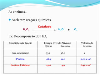 As enzimas...

Aceleram reações químicas

                      Catalase
           H 2O 2                     H 2O     +     O2

Ex: Decomposição do H2O2
Condições da Reação      Energia livre de Ativação        Velocidade
                         KJ/mol          Kcal/mol          Relativa

  Sem catalisador         75,2          18,0                 1

     Platina              48,9          11,7              2,77 x 104

 Enzima Catalase           23,0          5,5              6,51 x 108
 