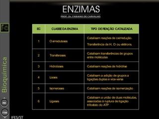 31
EC CLASSEDAENZIMA TIPO DEREAÇÃO CATALIZADA
1 Oxirredutases
Catalisam reações de oxirredução.
Transferência de H, O ou elétrons.
2 Transferases
Catalisam transferências de grupos
entre moléculas
3 Hidrolases Catalisam reações de hidrólise
4 Liases
Catalisam a adição de grupos a
ligações duplas e vice-versa
5 Isomerases Catalisam reações de isomerização
6 Ligases
Catalisam a união de duas moléculas,
associadas à ruptura de ligação
trifosfato do ATP
 