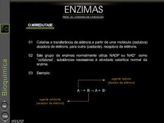OXIRREDUTASE
01 Catalisa a transferência de elétrons a partir de uma molécula (redutora)
doadora de elétrons, para outra (oxidante), receptora de elétrons.
02 Este grupo de enzimas normalmente utiliza NADP ou NAD+
como
“cofatores”, substâncias necessárias à atividade catalítica normal da
enzima.
03 Exemplo:
A − + B → A + B−
 