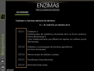 ISOMERASES
Catalisam o rearranjo estrutural de isômeros:
A ↔ B, onde B é um isômero de A.
 