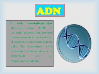 ADN
 El

ácido

abreviado

desoxirribonucleico,
como

ADN,

es

un ácido nucleico que contiene
instrucciones genéticas usadas en
el desarrollo y funcionamiento de
todos

los

organismos

vivos

conocidos y algunos virus, y es
responsable

de

transmisión hereditaria.

su

 