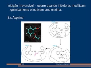 Inibição irreversível – ocorre quando inibidores modificam
quimicamente e inativam uma enzima.
Ex: Aspirina
 