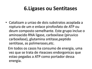6.Ligases ou Sentitases 
• Catalizam a uniao de dois substratos acoplada a 
roptura de um e enlace pirofosfato de ATP ou 
deum composto semelhante. Este grupo inclue o 
aminoacido RNA ligase, carboxilase (piruvico 
carboxilase), glutamina sntitase,peptido 
sentitase, as polimerases,etc. 
Em todos os casos ha consumo de energia, uma 
vez que se trata de rteacoes endorgonicas que 
estao pegadas a ATP como portador dessa 
energia. 
 