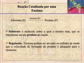 Reação Catalisada por uma
Enzima:
Substrato (S) Produto (P)
Enzima (E)
 Substrato é molécula sobre a qual a enzima atua, que se
transforma em um produto da reação
 Regulação: Enzimas podem ser ativadas ou inibidas de modo
que a velocidade de formação do produto é adequado para o
momento.
 