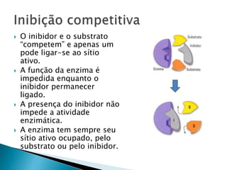  O inibidor e o substrato
“competem” e apenas um
pode ligar-se ao sítio
ativo.
 A função da enzima é
impedida enquanto o
inibidor permanecer
ligado.
 A presença do inibidor não
impede a atividade
enzimática.
 A enzima tem sempre seu
sítio ativo ocupado, pelo
substrato ou pelo inibidor.
 