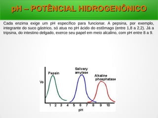 pH – POTÊNCIAL HIDROGENÔNICOpH – POTÊNCIAL HIDROGENÔNICO
Cada enzima exige um pH específico para funcionar. A pepsina, por exemplo,
integrante do suco gástrico, só atua no pH ácido do estômago (entre 1,8 a 2,2). Já a
tripsina, do intestino delgado, exerce seu papel em meio alcalino, com pH entre 8 a 9.
 