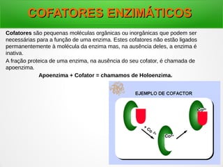 COFATORES ENZIMÁTICOSCOFATORES ENZIMÁTICOS
Cofatores são pequenas moléculas orgânicas ou inorgânicas que podem ser
necessárias para a função de uma enzima. Estes cofatores não estão ligados
permanentemente à molécula da enzima mas, na ausência deles, a enzima é
inativa.
A fração proteica de uma enzima, na ausência do seu cofator, é chamada de
apoenzima.
Apoenzima + Cofator = chamamos de Holoenzima.
 
