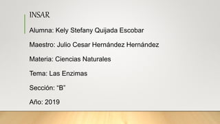 INSAR
Alumna: Kely Stefany Quijada Escobar
Maestro: Julio Cesar Hernández Hernández
Materia: Ciencias Naturales
Tema: Las Enzimas
Sección: “B”
Año: 2019
 