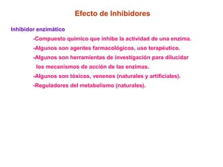 Efecto de Inhibidores

Inhibidor enzimático
        -Compuesto químico que inhibe la actividad de una enzima.
        -Algunos son agentes farmacológicos, uso terapéutico.
        -Algunos son herramientas de investigación para dilucidar
         los mecanismos de acción de las enzimas.
        -Algunos son tóxicos, venenos (naturales y artificiales).
        -Reguladores del metabolismo (naturales).
 