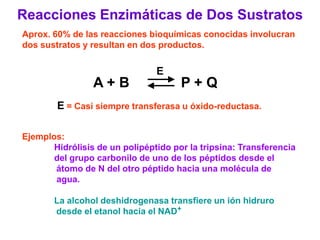 Reacciones Enzimáticas de Dos Sustratos
Aprox. 60% de las reacciones bioquímicas conocidas involucran
dos sustratos y resultan en dos productos.


                                E
                 A+B                  P+Q
        E = Casi siempre transferasa u óxido-reductasa.

Ejemplos:
       Hidrólisis de un polipéptido por la tripsina: Transferencia
       del grupo carbonilo de uno de los péptidos desde el
       átomo de N del otro péptido hacia una molécula de
       agua.

       La alcohol deshidrogenasa transfiere un ión hidruro
       desde el etanol hacia el NAD+
 