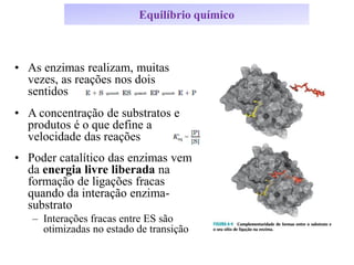 Equilíbrio químico
• As enzimas realizam, muitas
vezes, as reações nos dois
sentidos
• A concentração de substratos e
produtos é o que define a
velocidade das reações
• Poder catalítico das enzimas vem
da energia livre liberada na
formação de ligações fracas
quando da interação enzima-
substrato
– Interações fracas entre ES são
otimizadas no estado de transição
 
