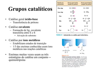 Grupos catalíticos
• Catálise geral ácido-base
– Transferência de prótons
• Catálise covalente
– Formação de lig. covalente
transitória entre E e S
• Ativação do substrato
• Catálise por íons metálicos
– Estabilizam estados de transição
– 1/3 das enzimas conhecidas usam íons
metálicos nas reações catalíticas
• Enzimas muitas vezes usam as três
estratégias de catálise em conjunto --
quimiotripsina
 