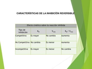 CARACTERÍSTICAS DE LA INHIBICÌÓN REVERSIBLE
Efecto cinético sobre la reacción inhíbida
Tipo de
inhibición
KM Vmáx KM / Vmáx
Competitiva Es mayor No cambia Aumenta
No Competitiva No cambia Es menor Aumenta
Incompetitiva Es mayor Es menor No cambia
 