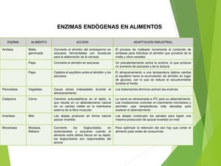ENZIMAS ENDÓGENAS EN ALIMENTOS
ENZIMA ALIMENTO ACCION ADAPTACION INDUSTRIAL
Amilasa Malta
germinada
Convierte el almidón del endospermo en
azúcares fermentables por levaduras
para la elaboración de la cerveza
El proceso de malteado incrementa el contenido de
amilasas para hidrolizar el almidón que proviene de la
malta y otros cereales
Papa Convierte el almidón en azúcares Un precalentamiento activa la enzima, lo que produce
un aumento de azúcares y de la dulzura
Papa Cataliza el equilibrio entre el almidón y los
azúcares
El almacenamiento a una temperatura óptima cambia
el equilibrio hacia la acumulación de almidón en lugar
de glucosa, con lo que se reduce el oscurecimiento
durante el freído.
Peroxidasa Vegetales Causa olores indeseables durante el
almacenamiento
Los tratamientos térmicos activan las enzimas
Catepsina Carne Cambios autocatalíticos en el tejido, lo
que resulta en un ablandamiento natural
sin un cambio visible en la membrana
externa de la fibra muscular
La carne es almacenada a 4ºC para su ablandamiento.
Las irradiaciones controlan el crecimiento microbiano y
permiten usar temperaturas más elevadas para
acelerar el ablandamiento
Invertasa Miel Las abejas producen en forma natural
azúcar invertido
Las abejas construyen los panales para lograr una
máxima producción de azúcar invertido en miel
Mirosinasa Mostaza,
Rábano
Convierte los tioglucósidos en
isotiocianatos y azúcares cuando el
alimento sufre daños fisicos en su tejido;
los tioglucósidos son responsables del
aroma
Para optimizar la retención del olor hay que cortar el
alimento justo antes de consumirse
 