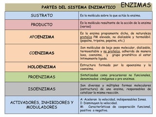 PARTES DEL SISTEMA ENZIMATICO
SUSTRATO Es la molécula sobre la que actúa la enzima.
PRODUCTO
Es la molécula resultante de la acción de la enzima
(varios)
APOENZIMA
Es la enzima propiamente dicha, de naturaleza
proteíca PM elevado, no dializable y termolábil.
(papaína, tripsina, pepsina, etc.)
COENZIMAS
Son moléculas de bajo peso molecular, dializable,
termoestable y no proteíca, adherida de manera
laxa, coenzima, y grupo prostético al estar
íntimamente ligada.
HOLOENZIMA
Estructura formada por la apoenzima y la
coenzima.
PROENZIMAS
Sintetizadas como precursores no funcionales,
denominados: cimógenos o pro enzimas.
ISOENZIMAS
Son diversas y múltiples formas moleculares
(estructura) de una enzima, responsables de
catalizar la misma reacción.
ACTIVADORES, INHIBIDORES Y
MODULADORES
A: Aceleran la velocidad, indispensables Iones.
I: Disminuyen la velocidad.
M: Características de cooperación funcional,
positivo o negativo.
ENZIMAS
 