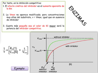Por tanto, en la inhibición competitiva:
1. El efecto cinético del inhibidor es el aumento aparente de
la Km
2. La Vmax no aparece modificada; para concentraciones
muy altas del substrato, v = Vmax, igual que en ausencia
de inhibidor
3. Cuanto más pequeño sea el valor de K1 mayor será la
potencia del inhibidor competitivo.
Ejemplo:
 