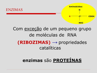 ENZIMAS
Com exceção de um pequeno grupo
de moléculas de RNA
(RIBOZIMAS) → propriedades
catalíticas
enzimas são PROTEÍNAS
Aminoácidos:
H
R C* COOH
NH2
 