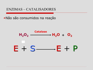 ENZIMAS – CATALISADORES
Não são consumidos na reação
H2O2 H2O O2
+
Catalase
E + S E + P
 
