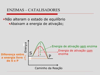 ENZIMAS – CATALISADORES
Não alteram o estado de equilíbrio
•Abaixam a energia de ativação;
Diferença entre
a energia livre
de S e P
Caminho da Reação
Energia de ativação com
enzima
Energia de ativação sem enzima
S
P
 