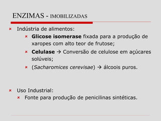 ENZIMAS - IMOBILIZADAS
 Indústria de alimentos:
 Glicose isomerase fixada para a produção de
xaropes com alto teor de frutose;
 Celulase  Conversão de celulose em açúcares
solúveis;
 (Sacharomices cerevisae)  álcoois puros.
 Uso Industrial:
 Fonte para produção de penicilinas sintéticas.
 