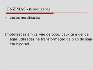 ENZIMAS - IMOBILIZADAS
 Lipases imobilizadas:
Imobilizadas em carvão de coco, bauxita e gel de
ágar utilizadas na transformação de óleo de soja
em biodisel.
 