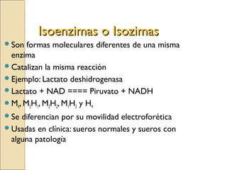 Isoenzimas o IsozimasIsoenzimas o Isozimas
Son formas moleculares diferentes de una misma
enzima
Catalizan la misma reacción
Ejemplo: Lactato deshidrogenasa
Lactato + NAD ==== Piruvato + NADH
M4, M3H1, M2H2, M1H3 y H4
Se diferencian por su movilidad electroforética
Usadas en clínica: sueros normales y sueros con
alguna patología
 