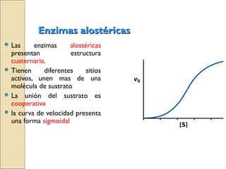 Enzimas alostéricasEnzimas alostéricas
 Las enzimas alostéricas
presentan estructura
cuaternaria.
 Tienen diferentes sitios
activos, unen mas de una
molécula de sustrato
 La unión del sustrato es
cooperativa
 la curva de velocidad presenta
una forma sigmoidal
 
