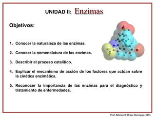 Prof. Alfonso R. Bravo Henríquez. 2013.
Objetivos:
UNIDAD II:
1. Conocer la naturaleza de las enzimas.
2. Conocer la nomenclatura de las enzimas.
3. Describir el proceso catalítico.
4. Explicar el mecanismo de acción de los factores que actúan sobre
la cinética enzimática.
5. Reconocer la importancia de las enzimas para el diagnóstico y
tratamiento de enfermedades.
 