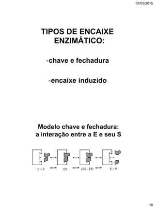 07/05/2015
10
TIPOS DE ENCAIXE
ENZIMÁTICO:
-chave e fechadura
-encaixe induzido
Modelo chave e fechadura:
a interação entre a E e seu S
 