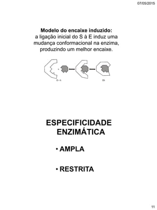 07/05/2015
11
Modelo do encaixe induzido:
a ligação inicial do S à E induz uma
mudança conformacional na enzima,
produzindo um melhor encaixe.
ESPECIFICIDADE
ENZIMÁTICA
• AMPLA
• RESTRITA
 