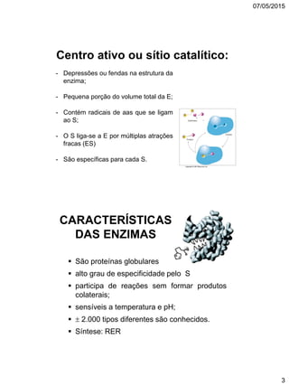 07/05/2015
3
- Depressões ou fendas na estrutura da
enzima;
- Pequena porção do volume total da E;
- Contém radicais de aas que se ligam
ao S;
- O S liga-se a E por múltiplas atrações
fracas (ES)
- São específicas para cada S.
Centro ativo ou sítio catalítico:
CARACTERÍSTICAS
DAS ENZIMAS
 São proteínas globulares
 alto grau de especificidade pelo S
 participa de reações sem formar produtos
colaterais;
 sensíveis a temperatura e pH;
  2.000 tipos diferentes são conhecidos.
 Síntese: RER
 