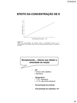07/05/2015
30
EFEITO DA CONCENTRAÇÃO DE E
Recaptulando.....fatores que afetam a
velocidade da reação
– pH
• ioniza o sítio catalítico
• desnatura
– Temperatura
•  ToC : desnatura
•  To C: não há EA suficiente
– Concentração de enzimas
– Concentração do substrato: KM
 