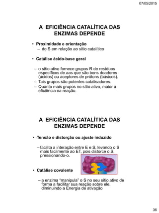 07/05/2015
36
A EFICIÊNCIA CATALÍTICA DAS
ENZIMAS DEPENDE
• Proximidade e orientação
– do S em relação ao sítio catalítico
• Catálise ácido-base geral
– o sítio ativo fornece grupos R de resíduos
específicos de aas que são bons doadores
(ácidos) ou aceptores de prótons (básicos).
– Tais grupos são potentes catalisadores.
– Quanto mais grupos no sítio ativo, maior a
eficiência na reação.
A EFICIÊNCIA CATALÍTICA DAS
ENZIMAS DEPENDE
• Tensão e distorção ou ajuste induzido
– facilita a interação entre E e S, levando o S
mais facilmente ao ET, pois distorce o S,
pressionando-o.
• Catálise covalente
– a enzima “manipula” o S no seu sítio ativo de
forma a facilitar sua reação sobre ele,
diminuindo a Energia de ativação
 