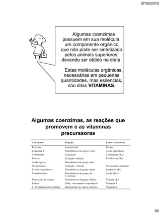 07/05/2015
62
Algumas coenzimas
possuem em sua molécula,
um componente orgânico
que não pode ser sintetizado
pelos animais superiores,
devendo ser obtido na dieta.
Estas moléculas orgânicas,
necessárias em pequenas
quantidades, mas essencias,
são ditas VITAMINAS.
Algumas coenzimas, as reações que
promovem e as vitaminas
precurssoras
 