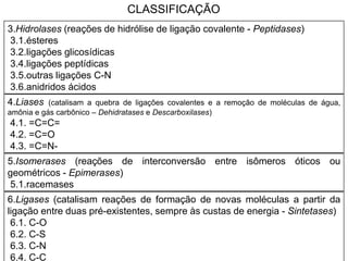 CLASSIFICAÇÃO
3.Hidrolases (reações de hidrólise de ligação covalente - Peptidases)
3.1.ésteres
3.2.ligações glicosídicas
3.4.ligações peptídicas
3.5.outras ligações C-N
3.6.anidridos ácidos
4.Liases   (catalisam a quebra de ligações covalentes e a remoção de moléculas de água,
amônia e gás carbônico – Dehidratases e Descarboxilases)
4.1. =C=C=
4.2. =C=O
4.3. =C=N-
5.Isomerases (reações de interconversão entre isômeros óticos ou
geométricos - Epimerases)
5.1.racemases
6.Ligases (catalisam reações de formação de novas moléculas a partir da
ligação entre duas pré-existentes, sempre às custas de energia - Sintetases)
 6.1. C-O
 6.2. C-S
 6.3. C-N
 6.4. C-C
 