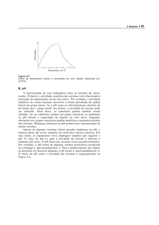 3 Enzimas   • 81


             Velocidade




                          Temperatura em ºC

Figura 3.5
Efeito da temperatura sobre a velocidade de uma reação catalisada por
enzima.


B. pH
    A concentração de íons hidrogênio afeta as enzimas de vários
modos. Primeiro, a atividade catalítica das enzimas está relacionada à
ionização de aminoácidos no do sítio ativo.. Por exemplo, a atividade
catalítica de certas enzimas necessita a forma protonada da cadeia
lateral do grupo amino. Se o pH torna-se suficientemente alcalino de
tal modo que o grupo perde seu próton, a atividade da enzima pode
ser reduzida. Além disso, os substratos podem também serem
afetados. Se um substrato contém um grupo ionizável, as mudanças
no pH afetam a capacidade de ligação ao sítio ativo. Segundo,
alterações nos grupos ionizáveis podem modificar a estrutura terciária
das enzimas. Mudanças drásticas no pH promovem a desnaturação de
muitas enzimas.
    Apesar de algumas enzimas tolerar grandes mudanças no pH, a
maioria delas são ativas somente em intervalos muitos estreitos. Por
essa razão, os organismos vivos empregam tampões que regulam o
pH. O valor do pH no qual a atividade da enzima é máxima é
chamado pH ótimo. O pH ótimo das enzimas varia consideravelmente.
Por exemplo, o pH ótimo da pepsina, enzima proteolítica produzida
no estômago é, aproximadamente, 2. Para a quimotripsina, que digere
as proteínas no intestino delgado, o pH ótimo é, aproximadamente, 8.
O efeito do pH sobre a atividade das enzimas é esquematizado na
Figura 3.6.
 