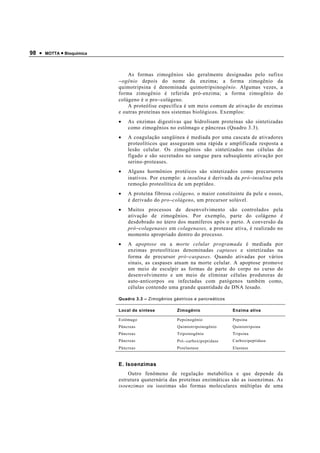 98 •   MOTTA • Bioquímica




                                As formas zimogênios são geralmente designadas pelo sufixo
                            −ogênio depois do nome da enzima; a forma zimogênio da
                            quimotripsina é denominada quimotripsinogênio. Algumas vezes, a
                            forma zimogênio é referida pró-enzima; a forma zimogênio do
                            colágeno é o pro−colágeno.
                                A proteólise específica é um meio comum de ativação de enzimas
                            e outras proteínas nos sistemas biológicos. Exemplos:
                            •   As enzimas digestivas que hidrolisam proteínas são sintetizadas
                                como zimogênios no estômago e pâncreas (Quadro 3.3).
                            •   A coagulação sangüínea é mediada por uma cascata de ativadores
                                proteolíticos que asseguram uma rápida e amplificada resposta a
                                lesão celular. Os zimogênios são sintetizados nas células do
                                fígado e são secretados no sangue para subseqüente ativação por
                                serino-proteases.
                            •   Alguns hormônios protéicos são sintetizados como precursores
                                inativos. Por exemplo: a insulina é derivada da pró−insulina pela
                                remoção proteolítica de um peptídeo.
                            •   A proteína fibrosa colágeno, o maior constituinte da pele e ossos,
                                é derivado do pro−colágeno, um precursor solúvel.
                            •   Muitos processos de desenvolvimento são controlados pela
                                ativação de zimogênios. Por exemplo, parte do colágeno é
                                desdobrado no útero dos mamíferos após o parto. A conversão da
                                pró−colagenases em colagenases, a protease ativa, é realizado no
                                momento apropriado dentro do processo.
                            •   A apoptose ou a morte celular programada é mediada por
                                enzimas proteolíticas denominadas captases e sintetizadas na
                                forma de precursor pró−caspases. Quando ativadas por vários
                                sinais, as caspases atuam na morte celular. A apoptose promove
                                um meio de esculpir as formas de parte do corpo no curso do
                                desenvolvimento e um meio de eliminar células produtoras de
                                auto-anticorpos ou infectadas com patógenos também como,
                                células contendo uma grande quantidade de DNA lesado.

                            Quadro 3.3 – Zimogênios gástricos e pancreáticos

                            Local de síntese          Zimogênio                Enzima ativa

                            Estômago                  Pepsinogênio             Pepsina
                            Pâncreas                  Quimiotripsinogênio      Quiniotripsina
                            Pâncreas                  Tripsinogênio            Tripsina
                            Pâncreas                  Pró−carboxipeptidase     Carboxipeptidase
                            Pâncreas                  Proelastase              Elastase


                            E. Isoenzimas
                                Outro fenômeno de regulação metabólica e que depende da
                            estrutura quaternária das proteínas enzimáticas são as isoenzimas. As
                            isoenzimas ou isozimas são formas moleculares múltiplas de uma
 