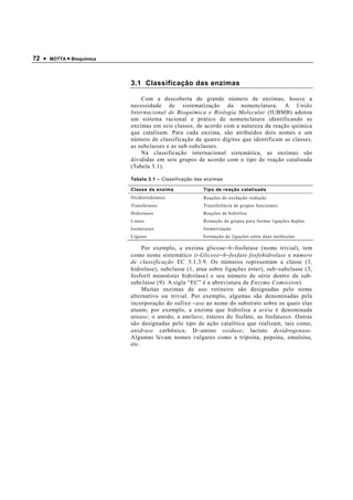 72 •   MOTTA • Bioquímica




                            3.1 Classificação das enzimas

                                Com a descoberta de grande número de enzimas, houve a
                            necessidade de sistematização da nomenclatura. A União
                            Internacional de Bioquímica e Biologia Molecular (IUBMB) adotou
                            um sistema racional e prático de nomenclatura identificando as
                            enzimas em seis classes, de acordo com a natureza da reação química
                            que catalisam. Para cada enzima, são atribuídos dois nomes e um
                            número de classificação de quatro dígitos que identificam as classes,
                            as subclasses e as sub-subclasses.
                                Na classificação internacional sistemática, as enzimas são
                            divididas em seis grupos de acordo com o tipo de reação catalisada
                            (Tabela 3.1).

                            Tabela 3.1 – Classificação das enzimas

                            Classe da enzima              Tipo de reação catalisada
                            Oxidorredutases               Reações de oxidação−redução
                            Transferases                  Transferência de grupos funcionais
                            Hidrolases                    Reações de hidrólise
                            Liases                        Remoção de grupos para formar ligações duplas
                            Isomerases                    Isomerização
                            Ligases                       Formação de ligações entre duas moléculas

                                 Por exemplo, a enzima glicose−6−fosfatase (nome trivial), tem
                            como nome sistemático D -Glicose − 6 − fosfato fosfohidrolase e número
                            de classificação EC 3.1.3.9. Os números representam a classe (3,
                            hidrolase), subclasse (1, atua sobre ligações éster), sub−subclasse (3,
                            fosforil monoéster hidrolase) e seu número de série dentro da sub-
                            subclasse (9). A sigla “EC” é a abreviatura de Enzyme Comission ).
                                 Muitas enzimas de uso rotineiro são designadas pelo nome
                            alternativo ou trivial. Por exemplo, algumas são denominadas pela
                            incorporação do sufixo − ase ao nome do substrato sobre os quais elas
                            atuam; por exemplo, a enzima que hidrolisa a uréia é denominada
                            ure ase ; o amido, a amil ase ; ésteres do fosfato, as fosfat ase s. Outras
                            são designadas pelo tipo de ação catalítica que realizam, tais como,
                            anidrase carbônica; D−amino oxidase ; lactato desidrogenase .
                            Algumas levam nomes vulgares como a tripsina, pepsina, emulsina,
                            etc.
 