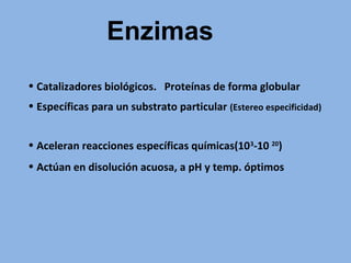• Catalizadores biológicos. Proteínas de forma globular
• Específicas para un substrato particular (Estereo especificidad)
• Aceleran reacciones específicas químicas(103
-10 20
)
• Actúan en disolución acuosa, a pH y temp. óptimos
Enzimas
 